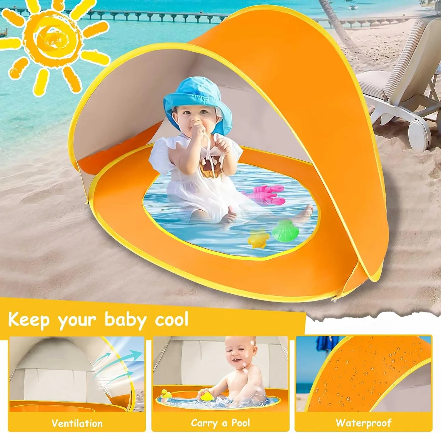 Baby Beach Tent with Beach Sand Toys, Pop Up Portable Shade Pool, Protection Infant Sun Shelters Beach Shade Tent for Aged 0-3 Baby and Kids (Orange)