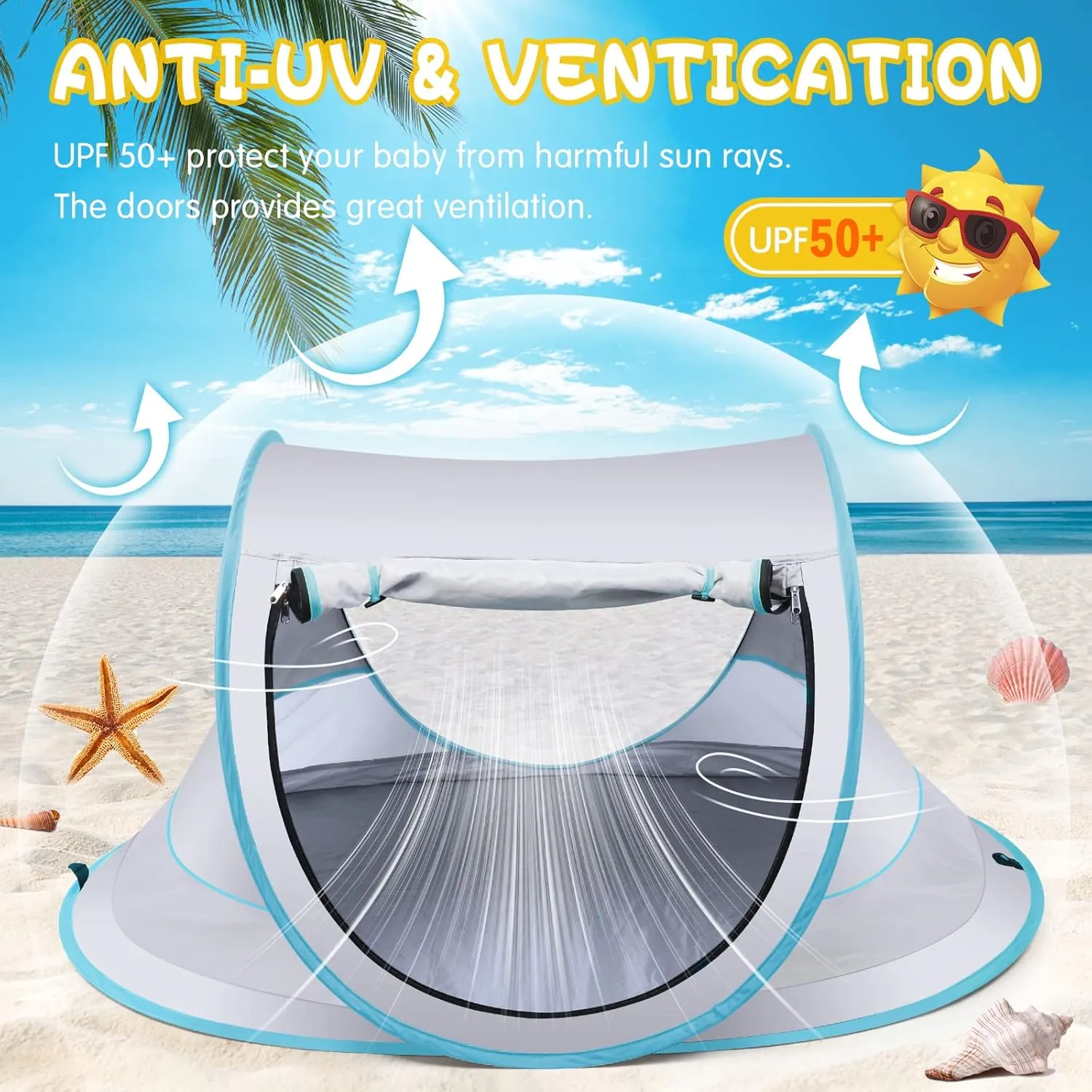 Baby Beach Tent,Large Pop Up Beach Tent Sun Shade for Beach,Portable Baby Travel Tent with Mosquito Net,Indoor Baby Play Tent,UPF 50  UV Protection Sun Shelters for Infants