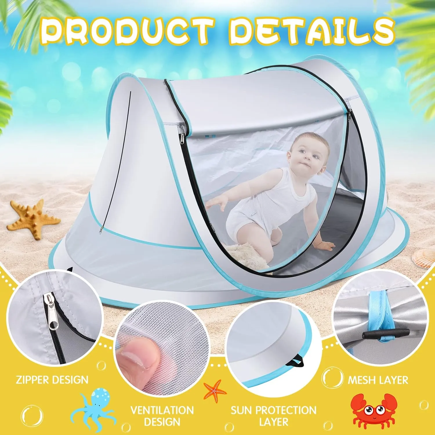 Baby Beach Tent,Large Pop Up Beach Tent Sun Shade for Beach,Portable Baby Travel Tent with Mosquito Net,Indoor Baby Play Tent,UPF 50  UV Protection Sun Shelters for Infants