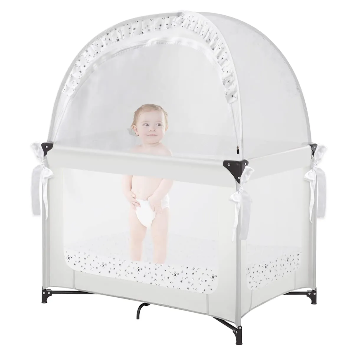 Baby Pack N Play Tent, Pack and Play Canopy to Keep Baby in, Portable Crib Net for Playards, Mini Crib Tent with See Through Mesh, Easy Installation and Transportation White stars