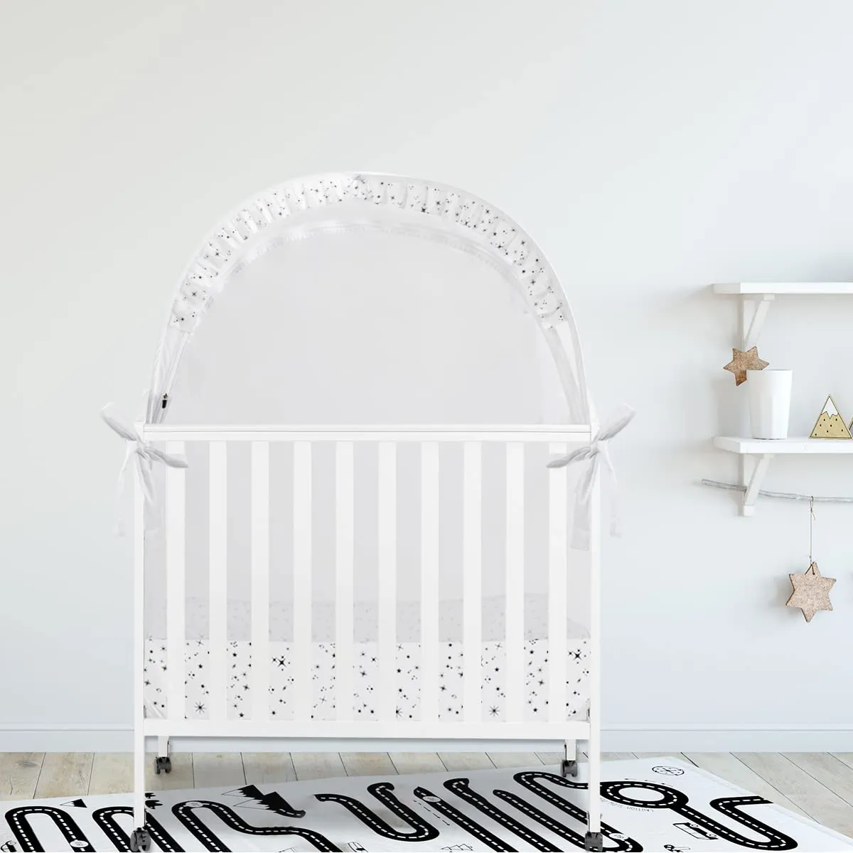 Baby Pack N Play Tent, Pack and Play Canopy to Keep Baby in, Portable Crib Net for Playards, Mini Crib Tent with See Through Mesh, Easy Installation and Transportation White stars