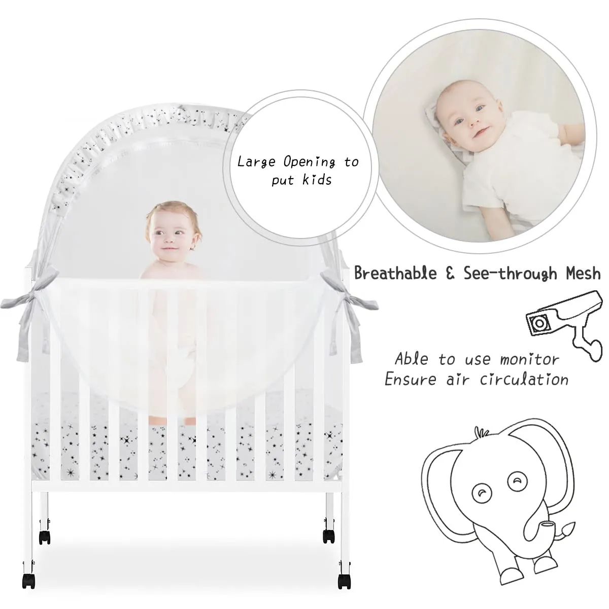 Baby Pack N Play Tent, Pack and Play Canopy to Keep Baby in, Portable Crib Net for Playards, Mini Crib Tent with See Through Mesh, Easy Installation and Transportation White stars