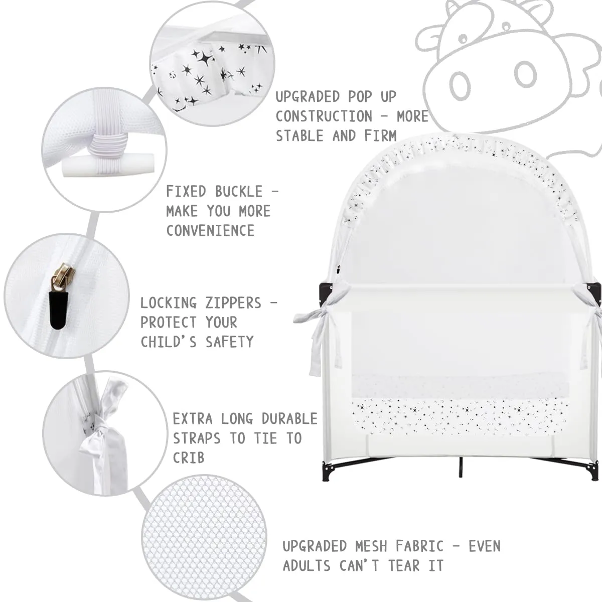 Baby Pack N Play Tent, Pack and Play Canopy to Keep Baby in, Portable Crib Net for Playards, Mini Crib Tent with See Through Mesh, Easy Installation and Transportation White stars