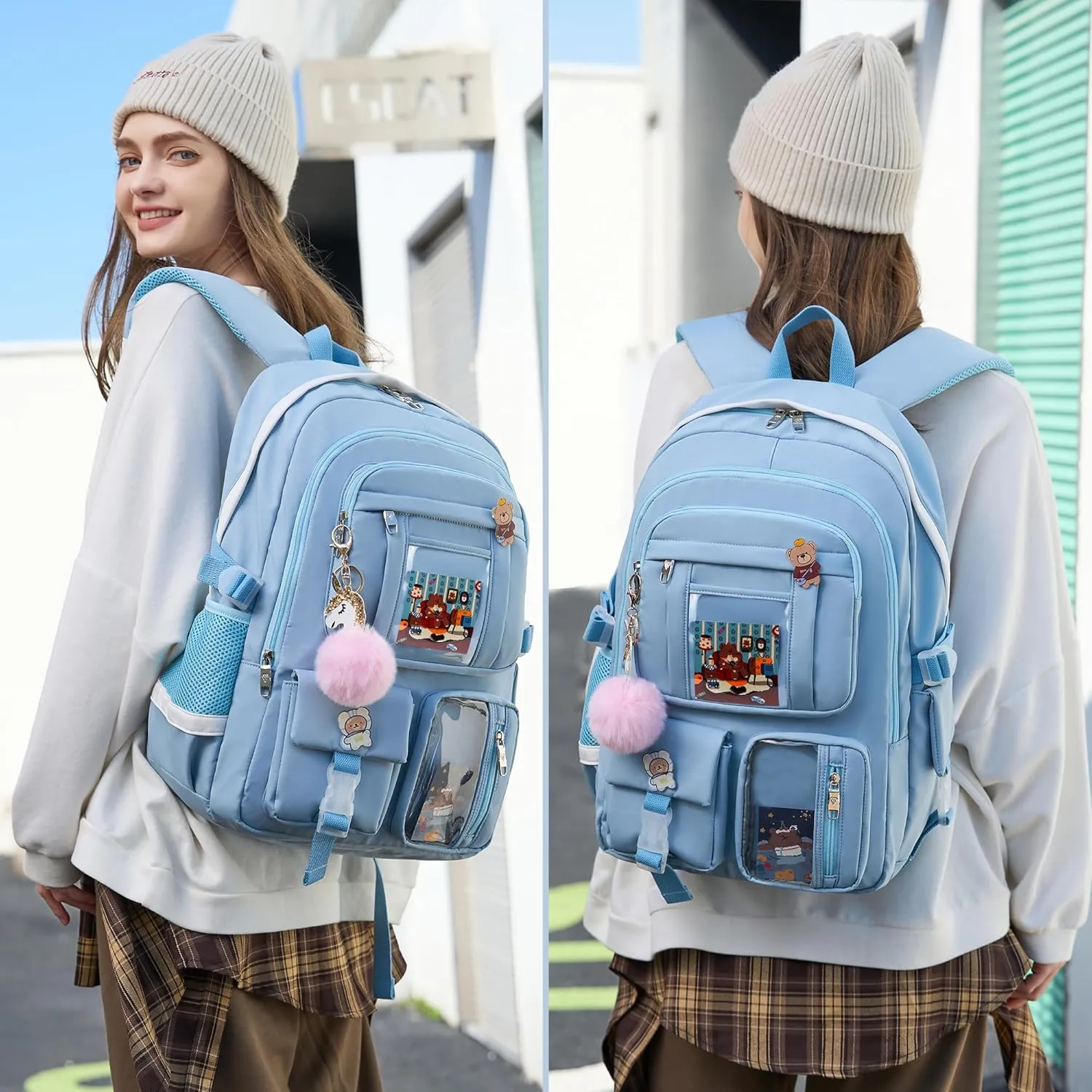 Backpack for Girls with Accessories Laptop Bookbags 16 Inch Kawaii Kids Elementary Middle High School Bag College Travel Daypack Gifts for Teens Women Students (Blue)