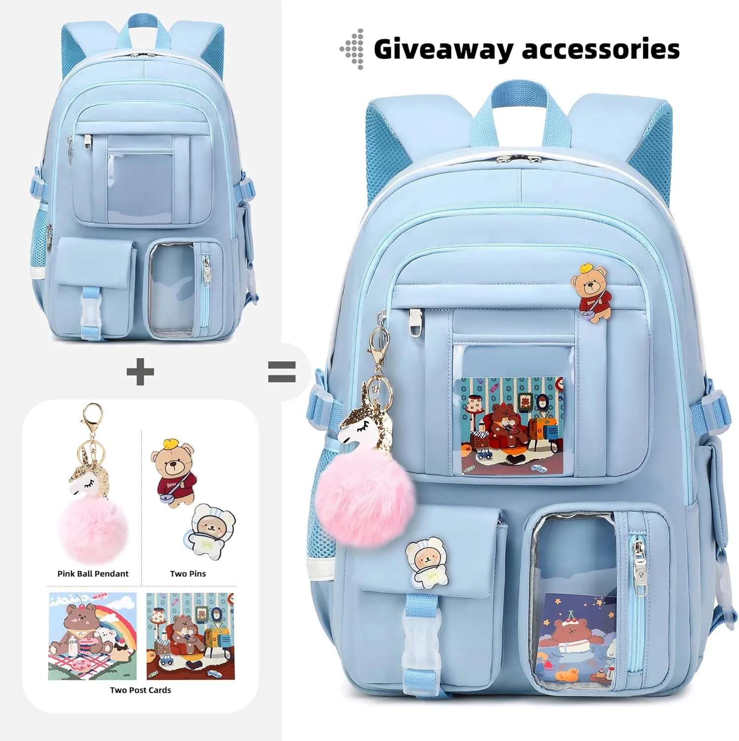 Backpack for Girls with Accessories Laptop Bookbags 16 Inch Kawaii Kids Elementary Middle High School Bag College Travel Daypack Gifts for Teens Women Students (Blue)
