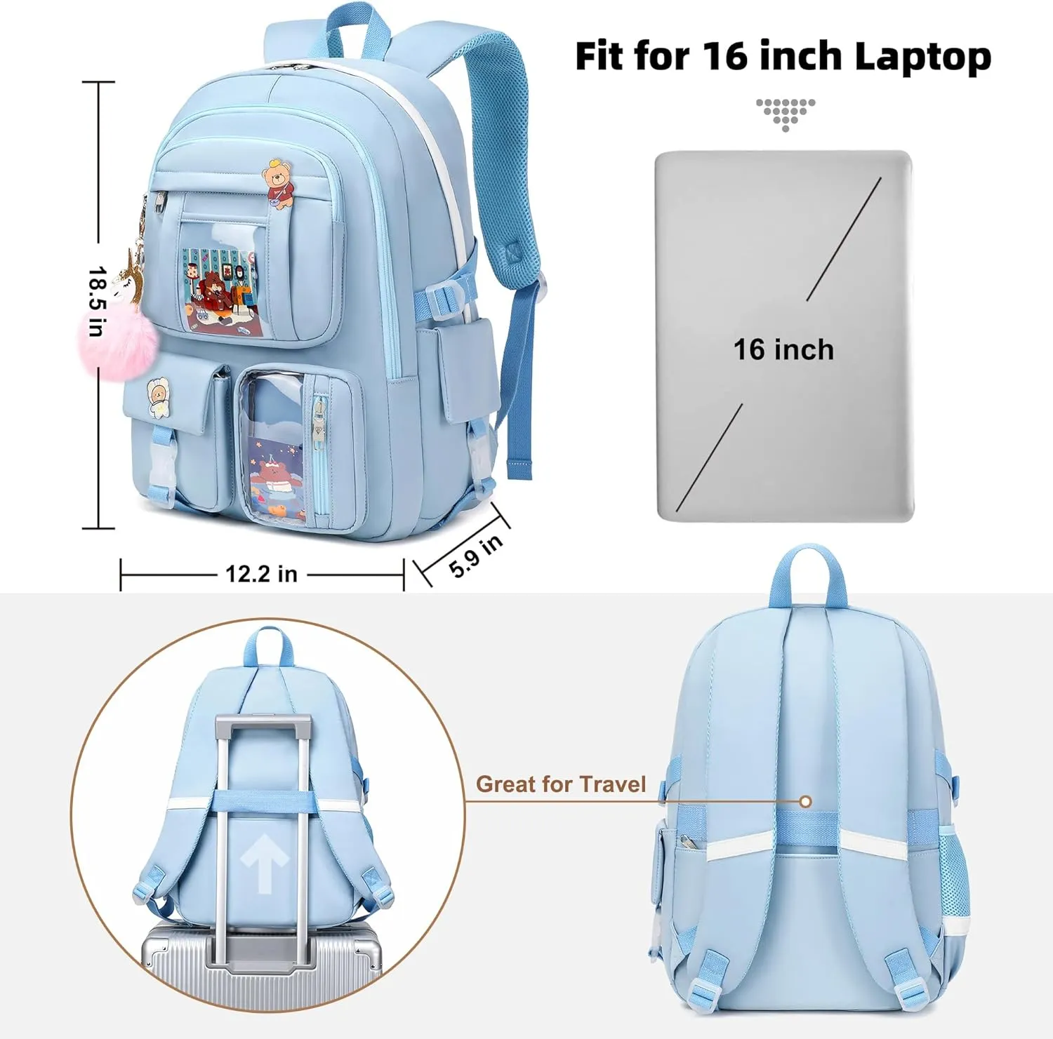 Backpack for Girls with Accessories Laptop Bookbags 16 Inch Kawaii Kids Elementary Middle High School Bag College Travel Daypack Gifts for Teens Women Students (Blue)