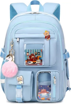 Backpack for Girls with Accessories Laptop Bookbags 16 Inch Kawaii Kids Elementary Middle High School Bag College Travel Daypack Gifts for Teens Women Students (Blue)