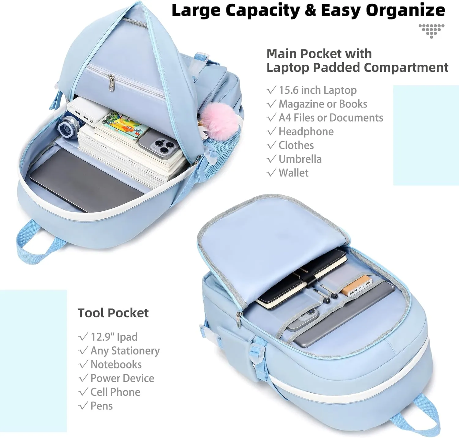 Backpack for Girls with Accessories Laptop Bookbags 16 Inch Kawaii Kids Elementary Middle High School Bag College Travel Daypack Gifts for Teens Women Students (Blue)