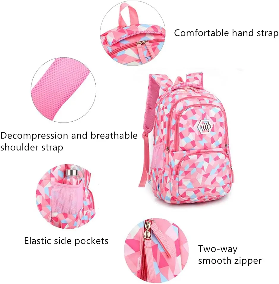 Backpack for Girls with Multi-Pockets School Bookbag Daypack Travel bag Geometric Prints (Red)