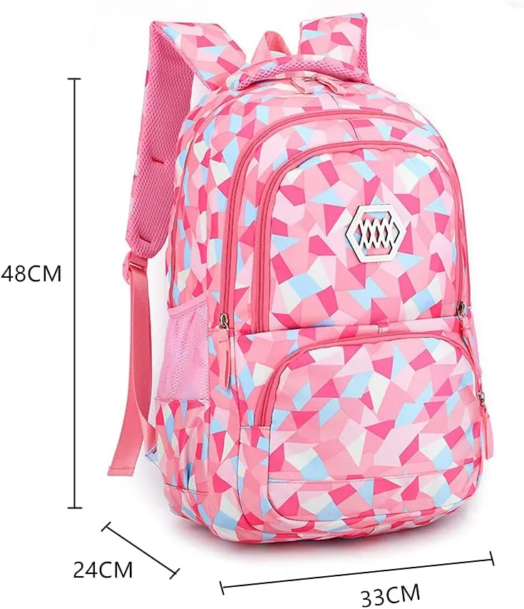 Backpack for Girls with Multi-Pockets School Bookbag Daypack Travel bag Geometric Prints (Red)