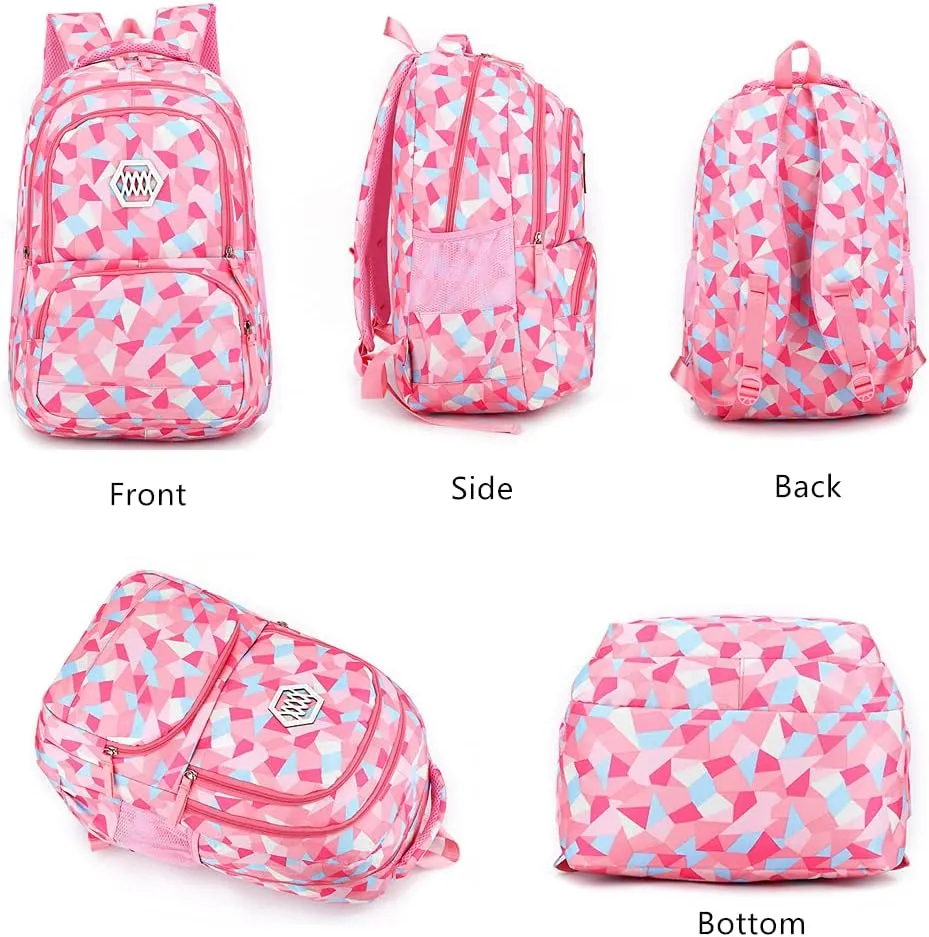 Backpack for Girls with Multi-Pockets School Bookbag Daypack Travel bag Geometric Prints (Red)