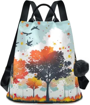 Backpack Purse for Women Autumn Trees with Birds Anti Theft Travel Bag Fashion Pompom Backpack for Hiking