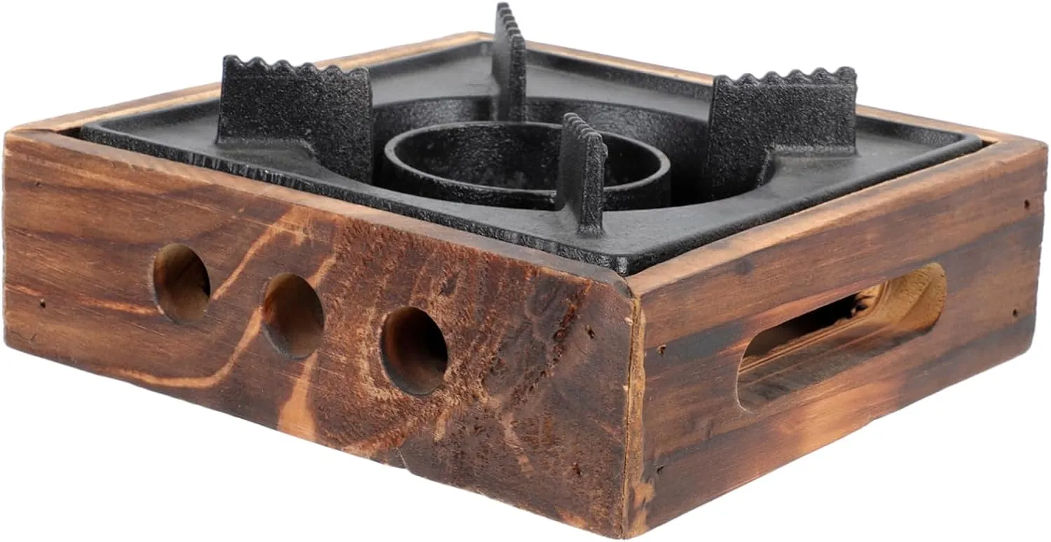 Balacoo 1Pc Cast Alcohol Stove Hot Pot Furnace with Wooden Base Lightweight Compact Bbq Outdoor Cooking Stove for Camping Picnic Hot Pot Cooking