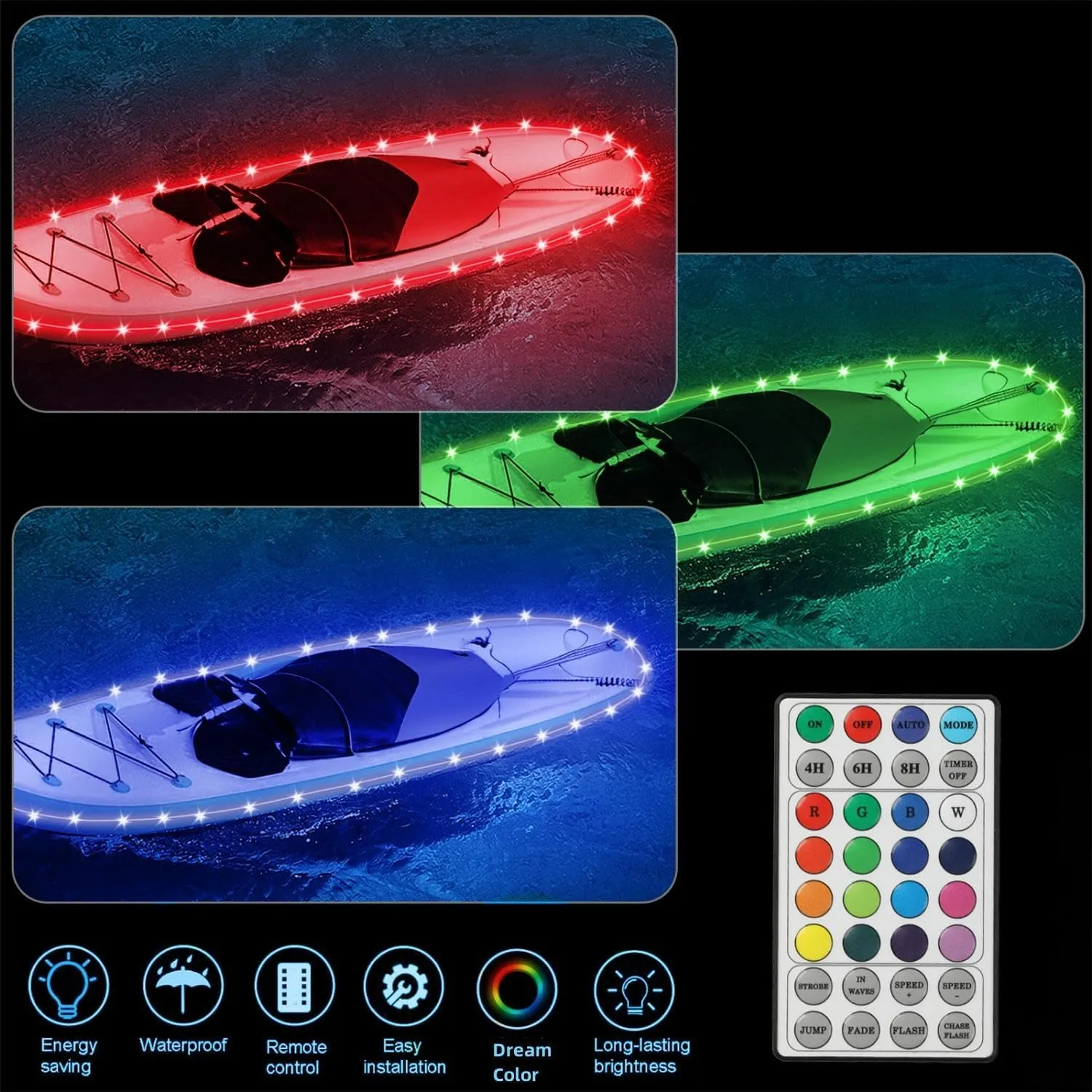 Battery Powered Marine Boat Lights, 2 Pack Total 65FT IP68 RGB Waterproof Boat Parade Lights, 16 Colors Boat String Interior Light, Kayak Glow Light for SUP, Pontoon, Deck, RV, Golf Cart, Pool