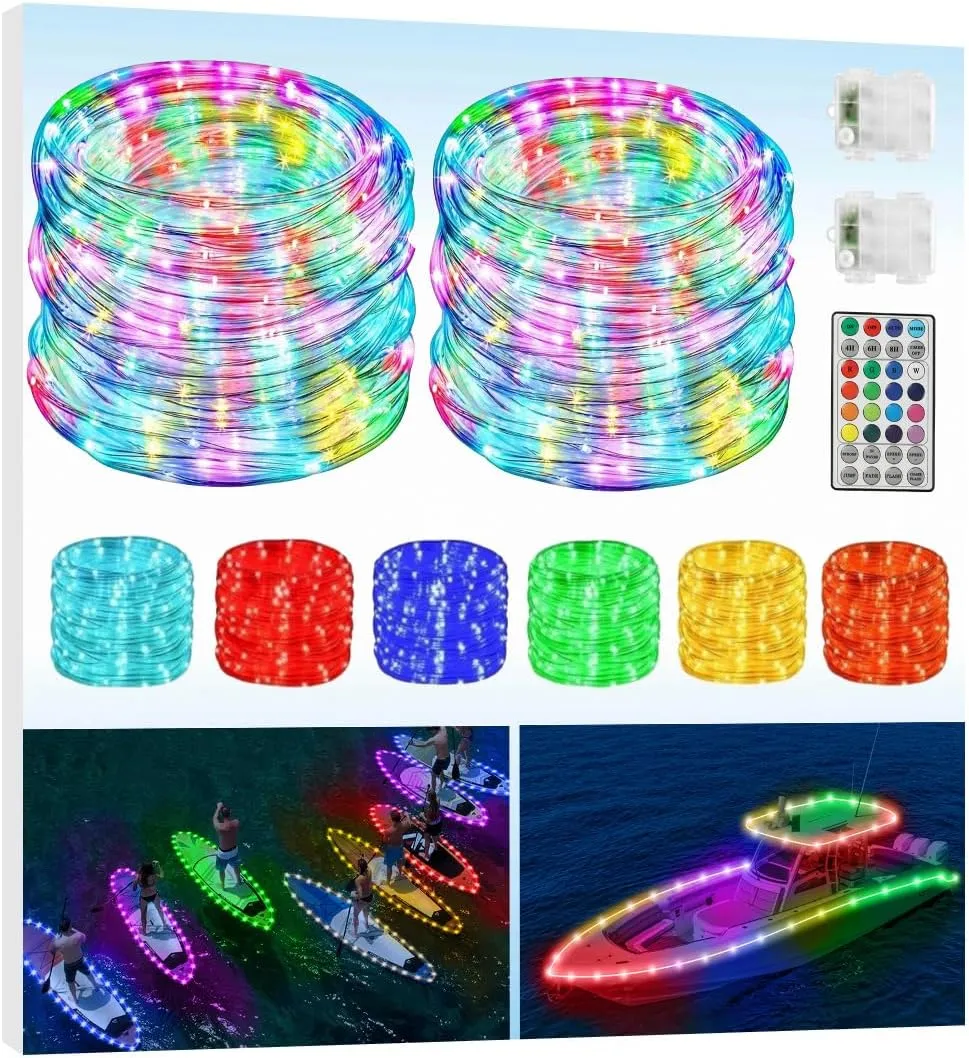 Battery Powered Marine Boat Lights, 2 Pack Total 65FT IP68 RGB Waterproof Boat Parade Lights, 16 Colors Boat String Interior Light, Kayak Glow Light for SUP, Pontoon, Deck, RV, Golf Cart, Pool