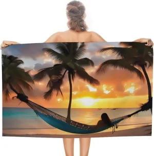 Beach Sunset Hammock Beach Towel 51"X31"Pool Towels Oversized Quick Dry Microfiber Bath Towels Sand Free, Absorbent, Lightweight, Personalized Turkish Beach Towel for Adults Travel Gym