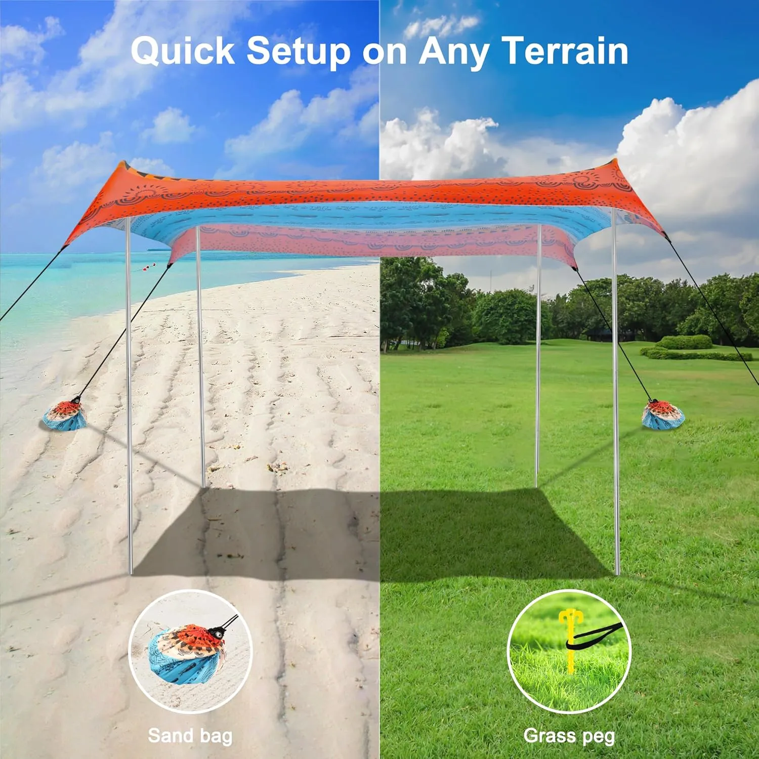Beach Tent, Beach Canopy Sun Shade Sail UPF 50 , Portable 10×10 FT Camping Sun Shelter with Sandbags, Poles, Ground Pegs and Anti-Wind Ropes for Outdoor, Backyard, Picnics, Sport, Fishing