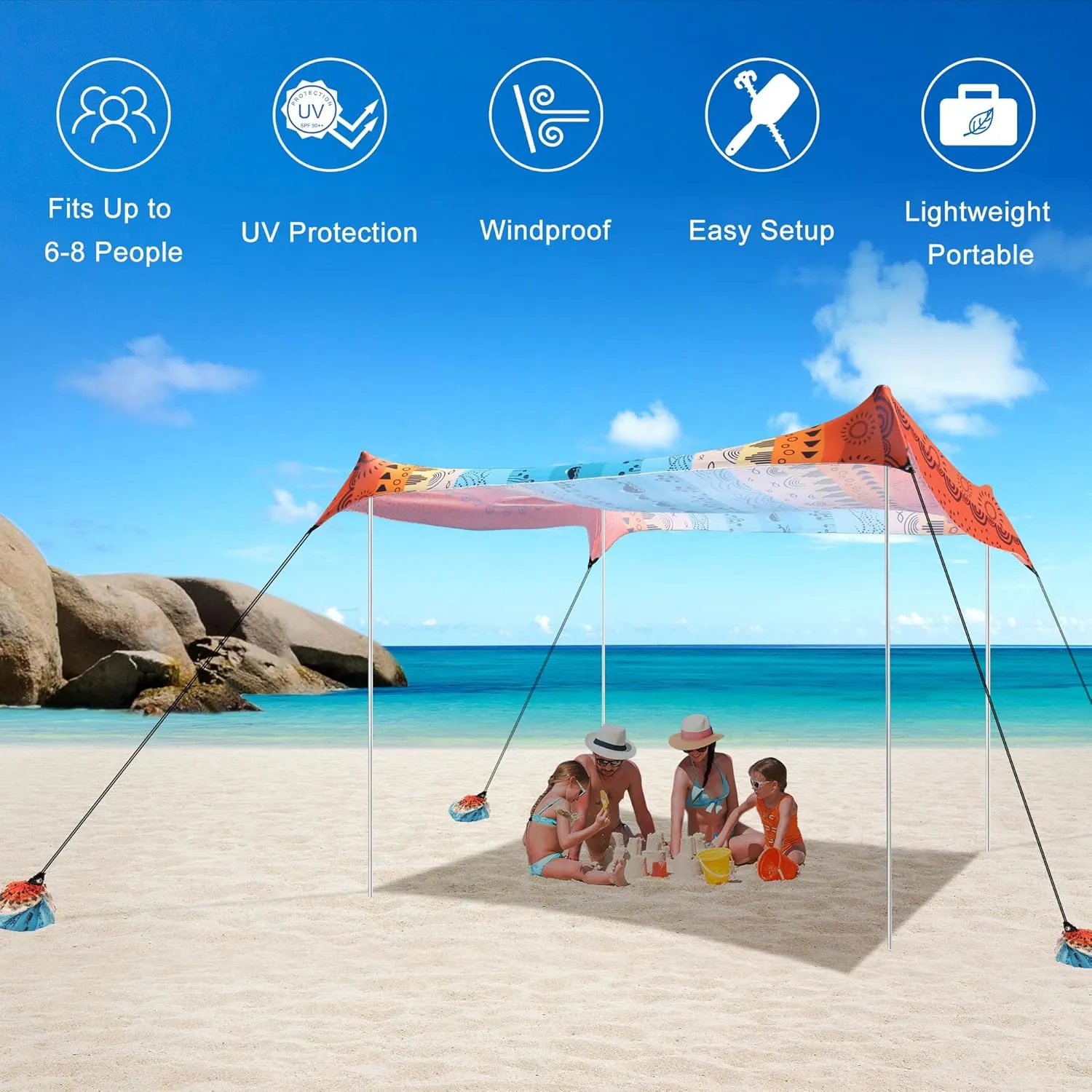 Beach Tent, Beach Canopy Sun Shade Sail UPF 50 , Portable 10×10 FT Camping Sun Shelter with Sandbags, Poles, Ground Pegs and Anti-Wind Ropes for Outdoor, Backyard, Picnics, Sport, Fishing