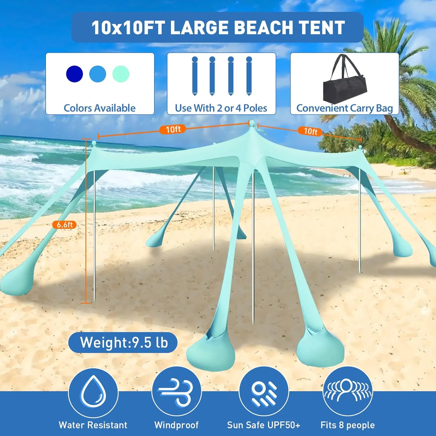 Beach Tent Canopy Pop Up Shade 10x10ft Sun Shelter Portable Family UPF50  with 8 Sandbags-2 Sand Shovel-4 Aluminum Poles-Ground Pegs-Carrying Bag for Outdoor Camping Fishing Backyard Picnic