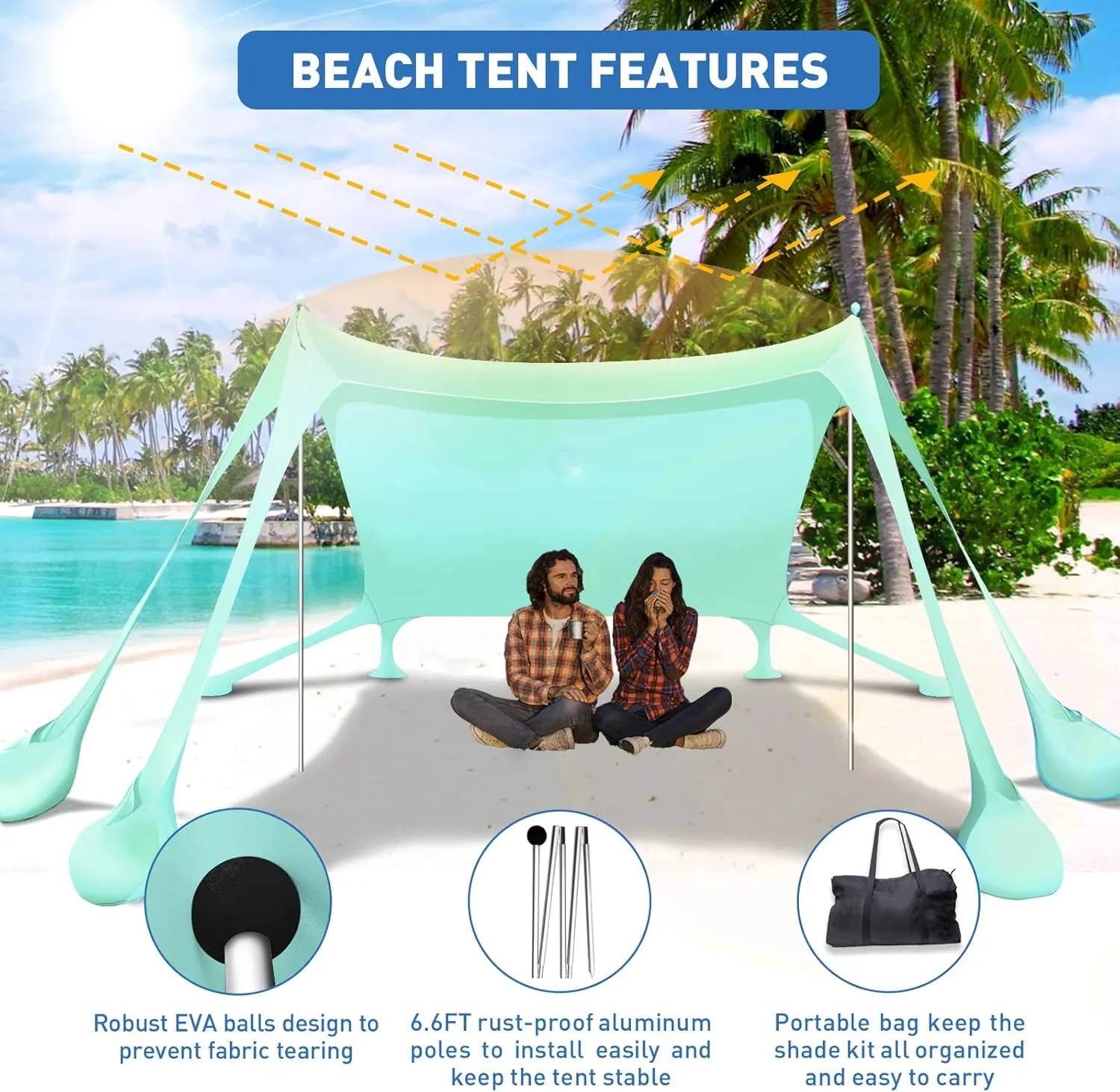 Beach Tent Canopy Pop Up Shade 10x10ft Sun Shelter Portable Family UPF50  with 8 Sandbags-2 Sand Shovel-4 Aluminum Poles-Ground Pegs-Carrying Bag for Outdoor Camping Fishing Backyard Picnic