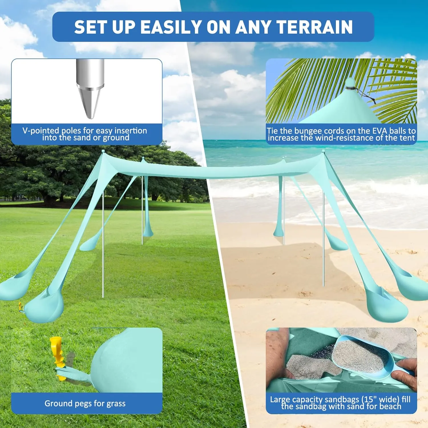 Beach Tent Canopy Pop Up Shade 10x10ft Sun Shelter Portable Family UPF50  with 8 Sandbags-2 Sand Shovel-4 Aluminum Poles-Ground Pegs-Carrying Bag for Outdoor Camping Fishing Backyard Picnic