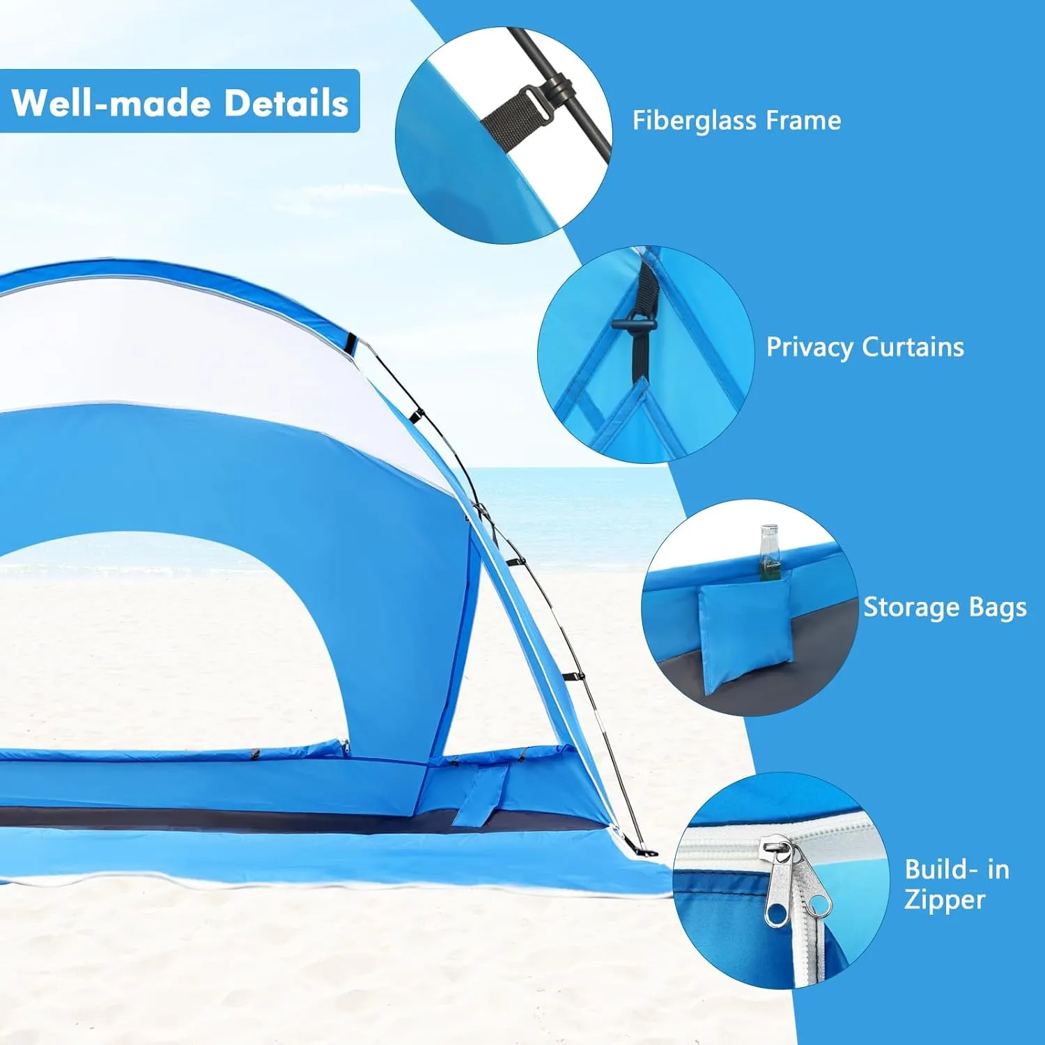 Beach Tent, Portable Sun Shelter for 2/3/4/6-8 Person with UPF 50  UV Protection, Easy Setup Waterproof Beach Shade Canopy Cabana for Family Outdoor and Picnics, Fishing with Carrying Bag