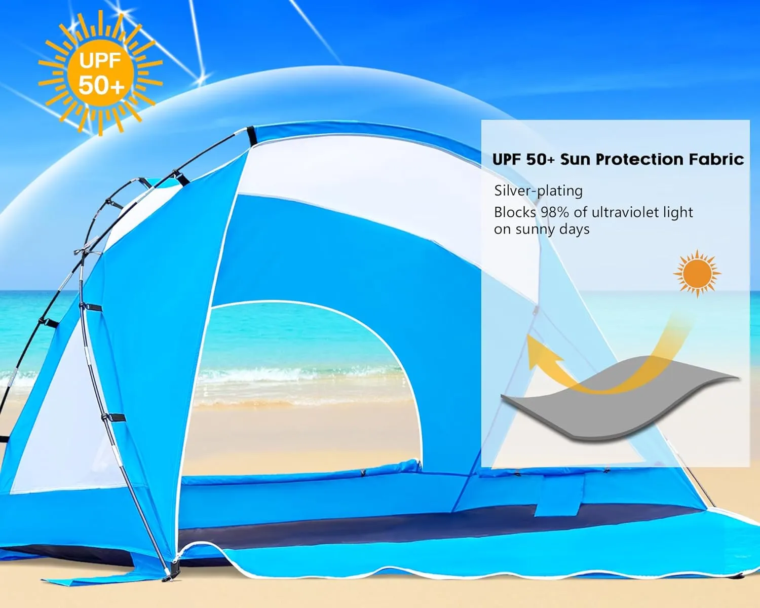 Beach Tent, Portable Sun Shelter for 2/3/4/6-8 Person with UPF 50  UV Protection, Easy Setup Waterproof Beach Shade Canopy Cabana for Family Outdoor and Picnics, Fishing with Carrying Bag