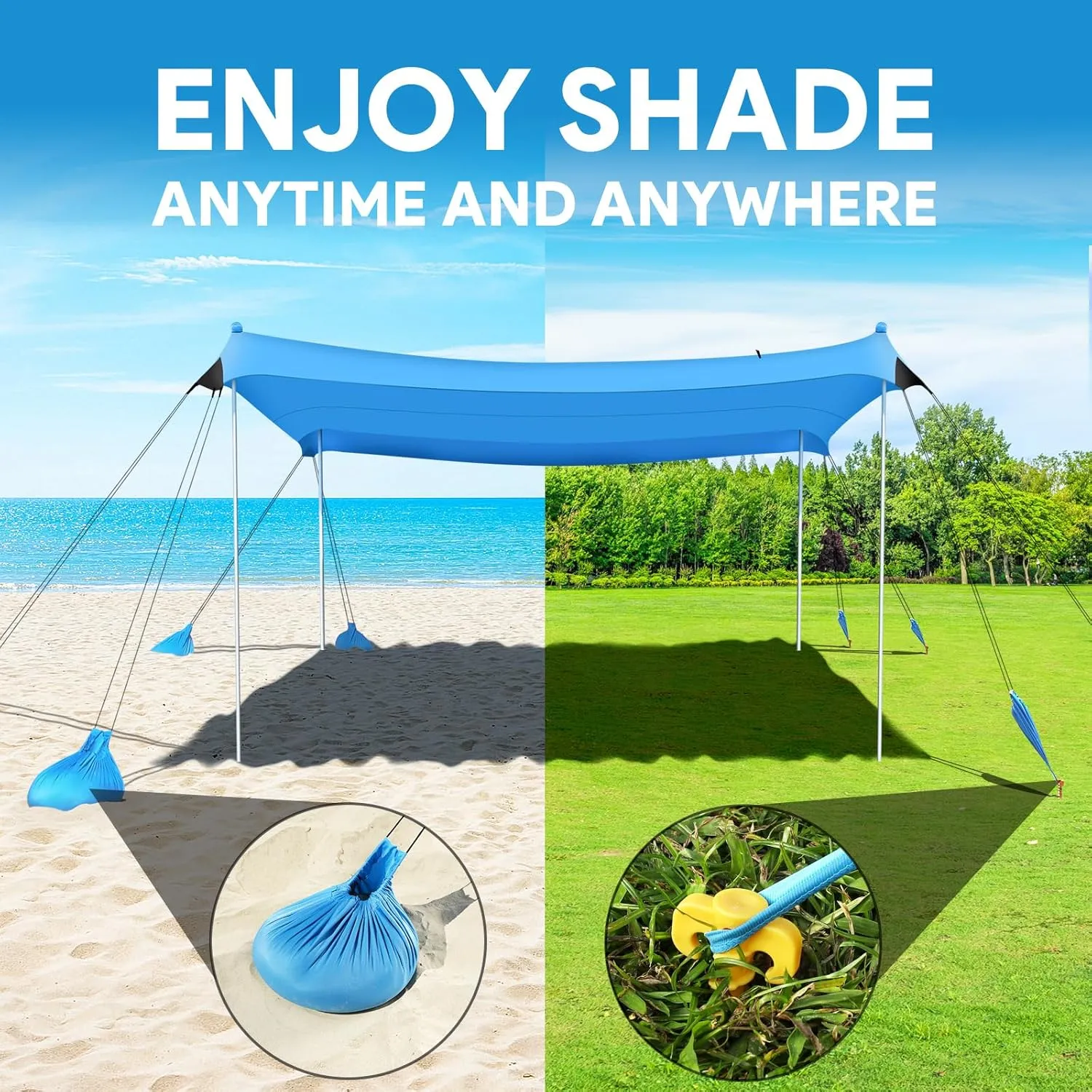 Beach Tent Sun Shelter, 10 x 10 FT Beach Canopy Tent Sun Shade Heavy Duty, UPF50  Beach Tent Canopy with 8 Sandbags & 4 Stability Poles, Outdoor Beach Tent for Beach Camping Fishing, Sky Blue