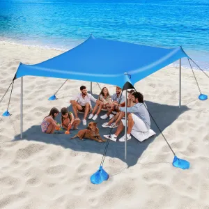 Beach Tent Sun Shelter, 10 x 10 FT Beach Canopy Tent Sun Shade Heavy Duty, UPF50  Beach Tent Canopy with 8 Sandbags & 4 Stability Poles, Outdoor Beach Tent for Beach Camping Fishing, Sky Blue