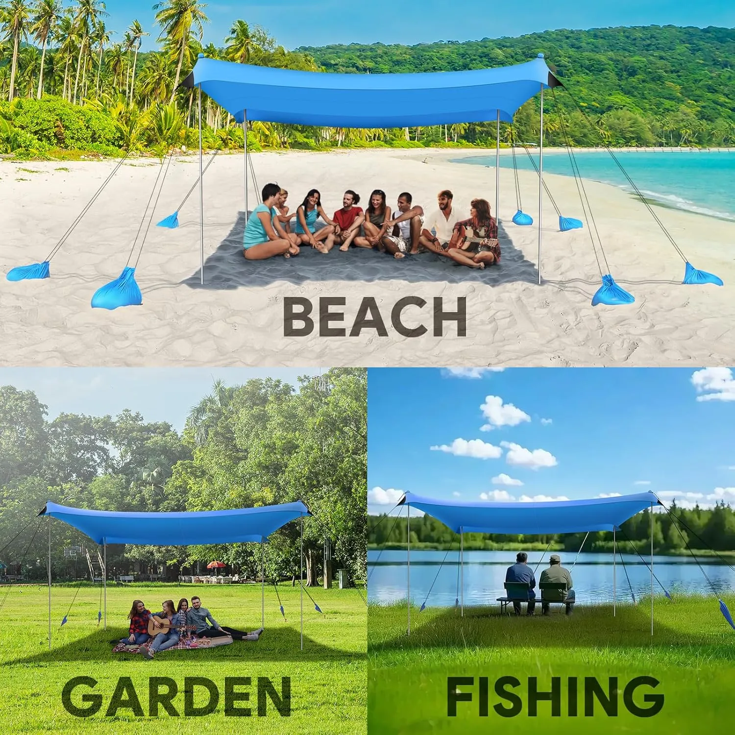 Beach Tent Sun Shelter, 10 x 10 FT Beach Canopy Tent Sun Shade Heavy Duty, UPF50  Beach Tent Canopy with 8 Sandbags & 4 Stability Poles, Outdoor Beach Tent for Beach Camping Fishing, Sky Blue