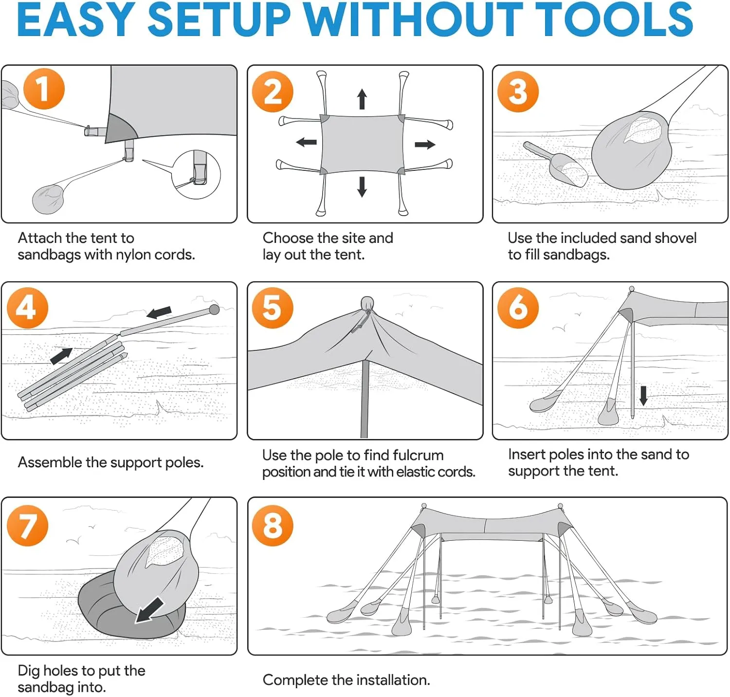 Beach Tent Sun Shelter, 10 x 10 FT Beach Canopy Tent Sun Shade Heavy Duty, UPF50  Beach Tent Canopy with 8 Sandbags & 4 Stability Poles, Outdoor Beach Tent for Beach Camping Fishing, Sky Blue