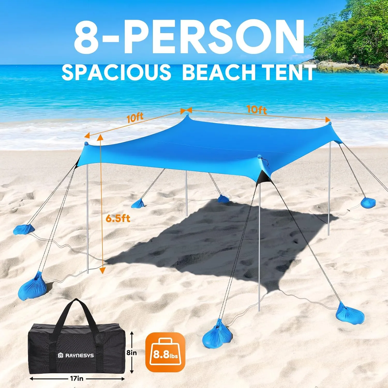 Beach Tent Sun Shelter, 10 x 10 FT Beach Canopy Tent Sun Shade Heavy Duty, UPF50  Beach Tent Canopy with 8 Sandbags & 4 Stability Poles, Outdoor Beach Tent for Beach Camping Fishing, Sky Blue