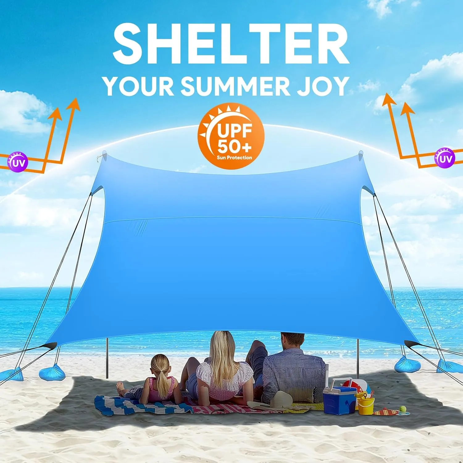 Beach Tent Sun Shelter, 10 x 10 FT Beach Canopy Tent Sun Shade Heavy Duty, UPF50  Beach Tent Canopy with 8 Sandbags & 4 Stability Poles, Outdoor Beach Tent for Beach Camping Fishing, Sky Blue