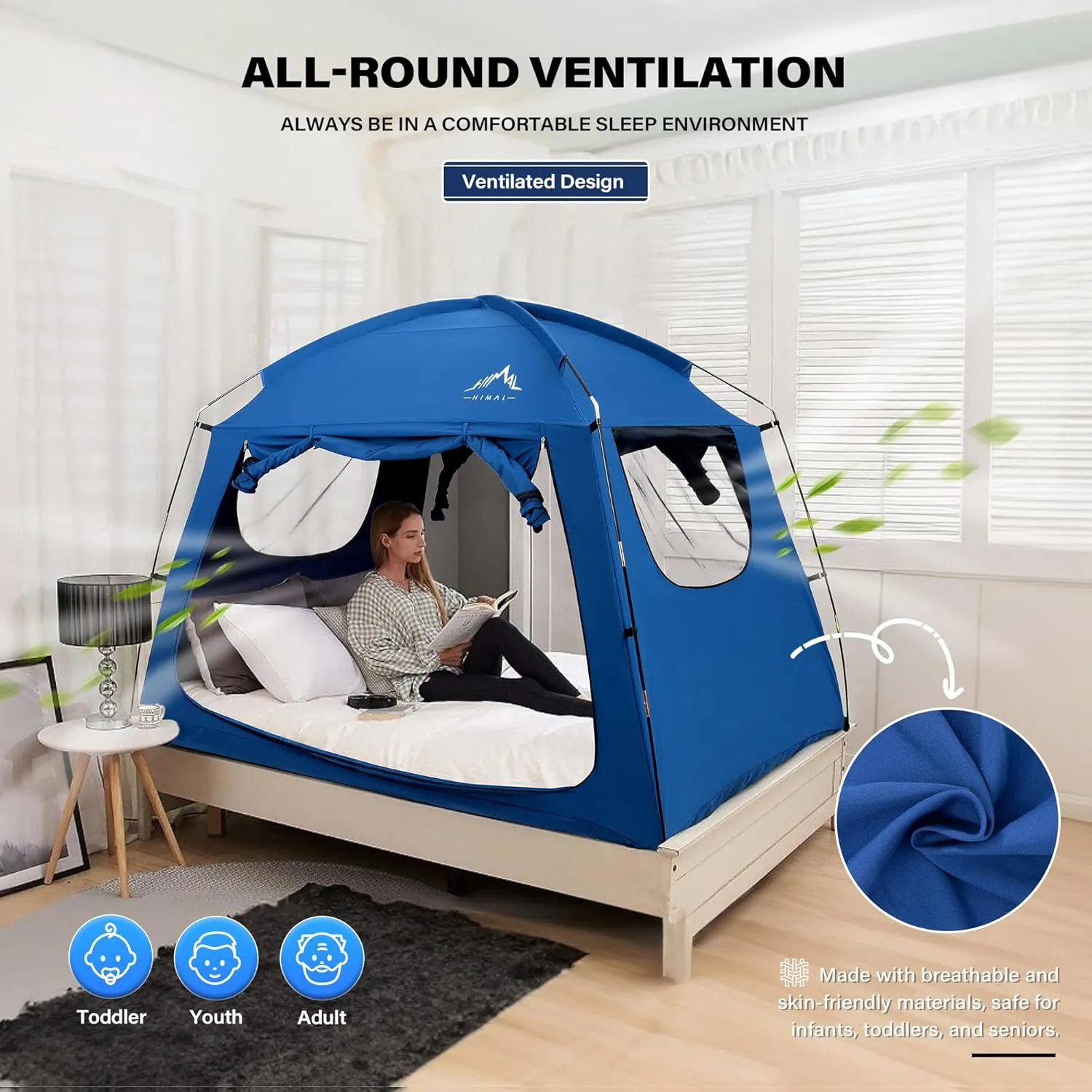 Bed Tent for Indoor Portable Light Reducing Full Size Canopy Tents Breathable Lightweight Private Space for Bed(Blue)