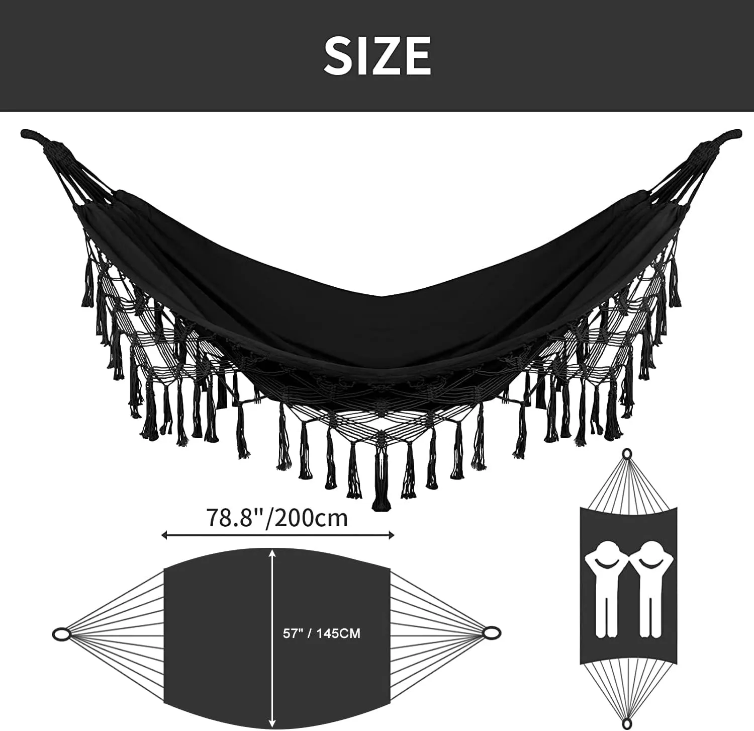 Bellzacasa Double Hammock, Heavy Duty 500 lb Load Capacity Tassels and Fishtail Knitting with Mounting Straps for Outdoor Camping Patio Balcony Black