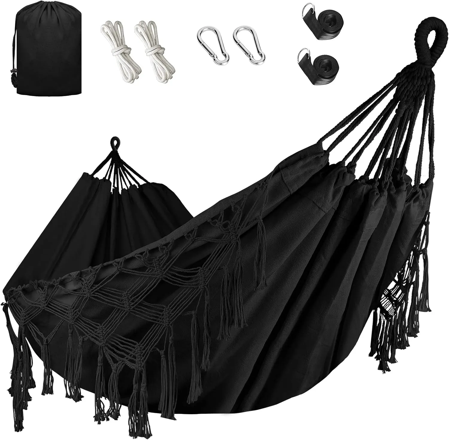 Bellzacasa Double Hammock, Heavy Duty 500 lb Load Capacity Tassels and Fishtail Knitting with Mounting Straps for Outdoor Camping Patio Balcony Black
