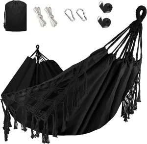 Bellzacasa Double Hammock, Heavy Duty 500 lb Load Capacity Tassels and Fishtail Knitting with Mounting Straps for Outdoor Camping Patio Balcony Black
