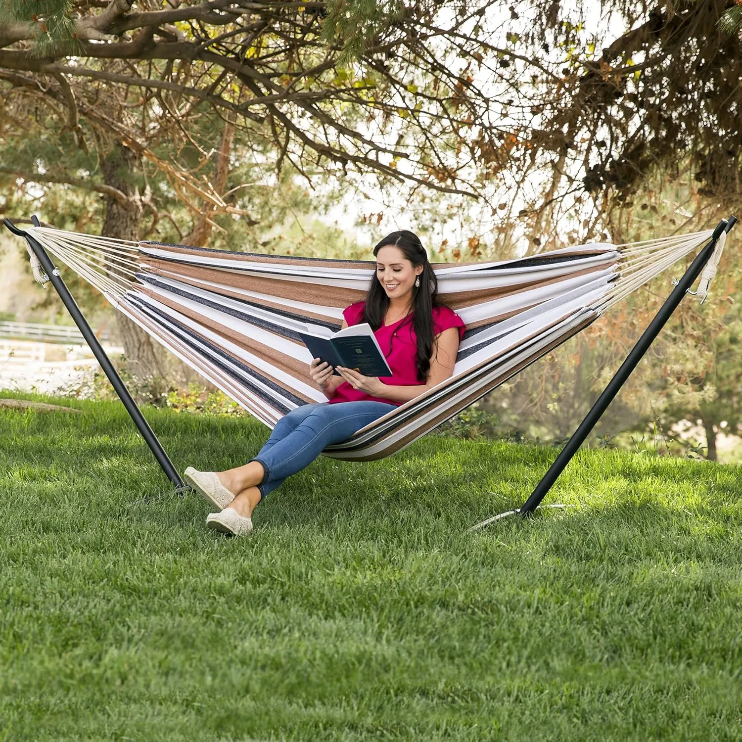 Best Choice Products Double Hammock with Steel Stand, Indoor Outdoor Brazilian-Style Cotton Bed w/Carrying Bag, 2-Person Capacity - Desert Stripes