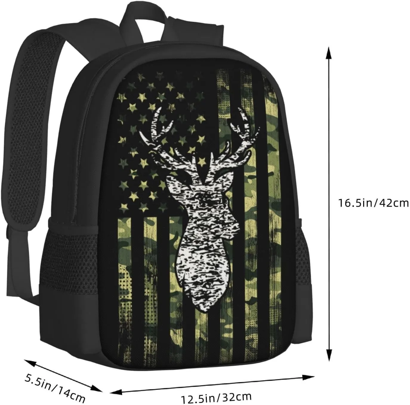 Big Capacity Backpack, for Deer Camo Camouflage American Flag Hunting Black Anti-Theft Multipurpose Bookbag, Casual College Daypack, Camping Outdoor Backpack, Business Computer Bag