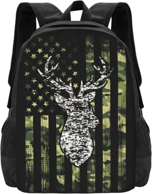 Big Capacity Backpack, for Deer Camo Camouflage American Flag Hunting Black Anti-Theft Multipurpose Bookbag, Casual College Daypack, Camping Outdoor Backpack, Business Computer Bag
