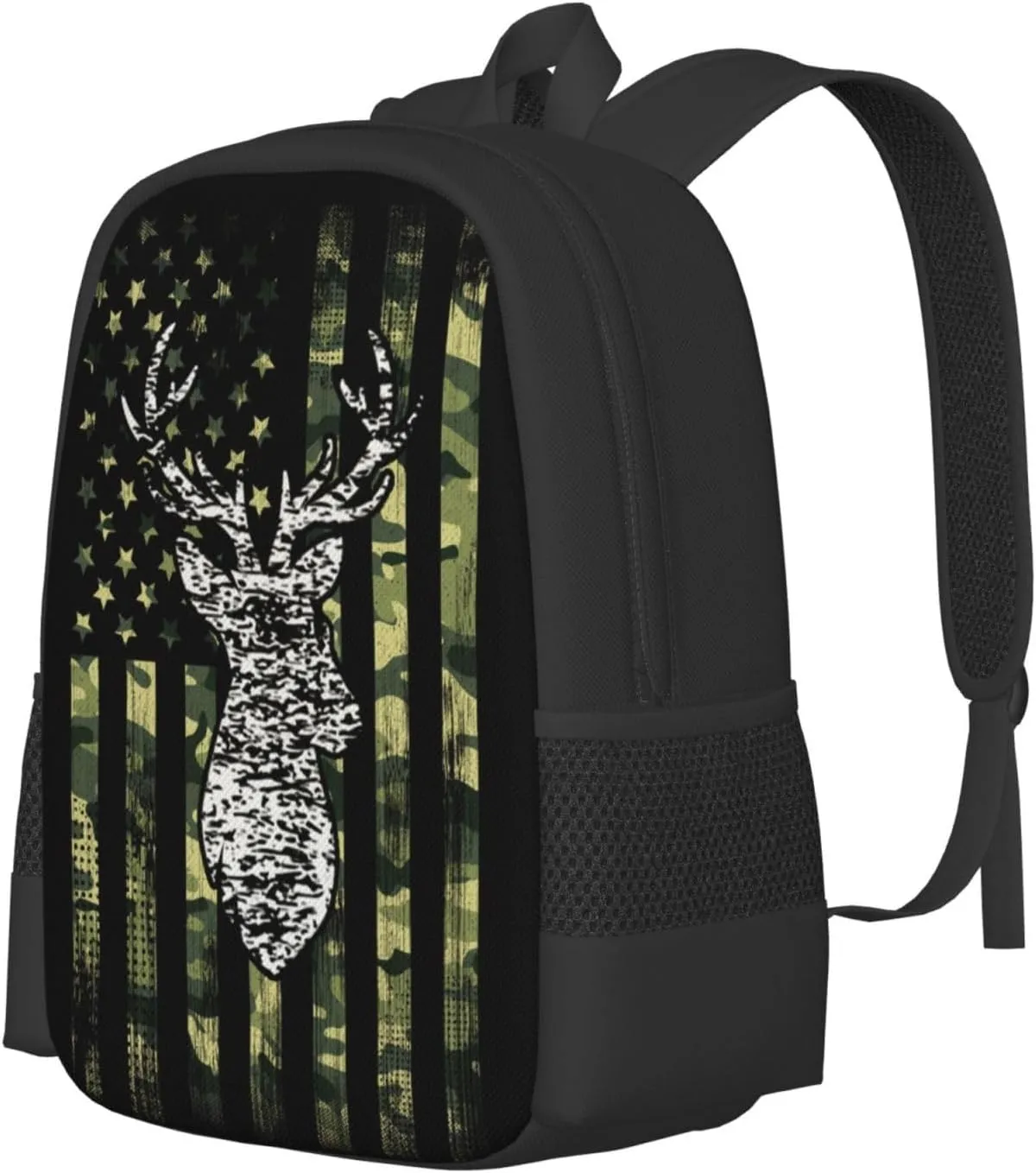 Big Capacity Backpack, for Deer Camo Camouflage American Flag Hunting Black Anti-Theft Multipurpose Bookbag, Casual College Daypack, Camping Outdoor Backpack, Business Computer Bag