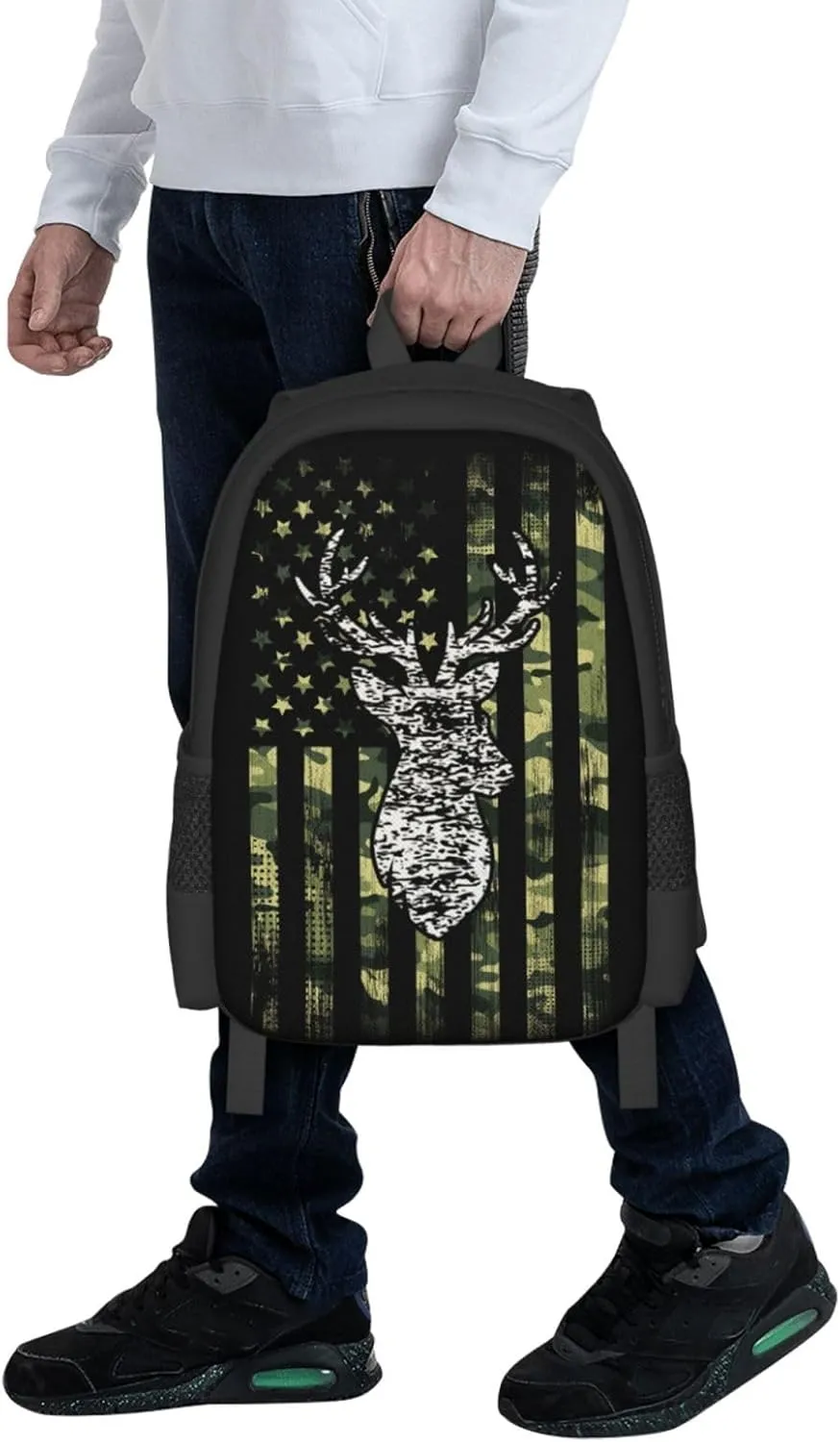 Big Capacity Backpack, for Deer Camo Camouflage American Flag Hunting Black Anti-Theft Multipurpose Bookbag, Casual College Daypack, Camping Outdoor Backpack, Business Computer Bag