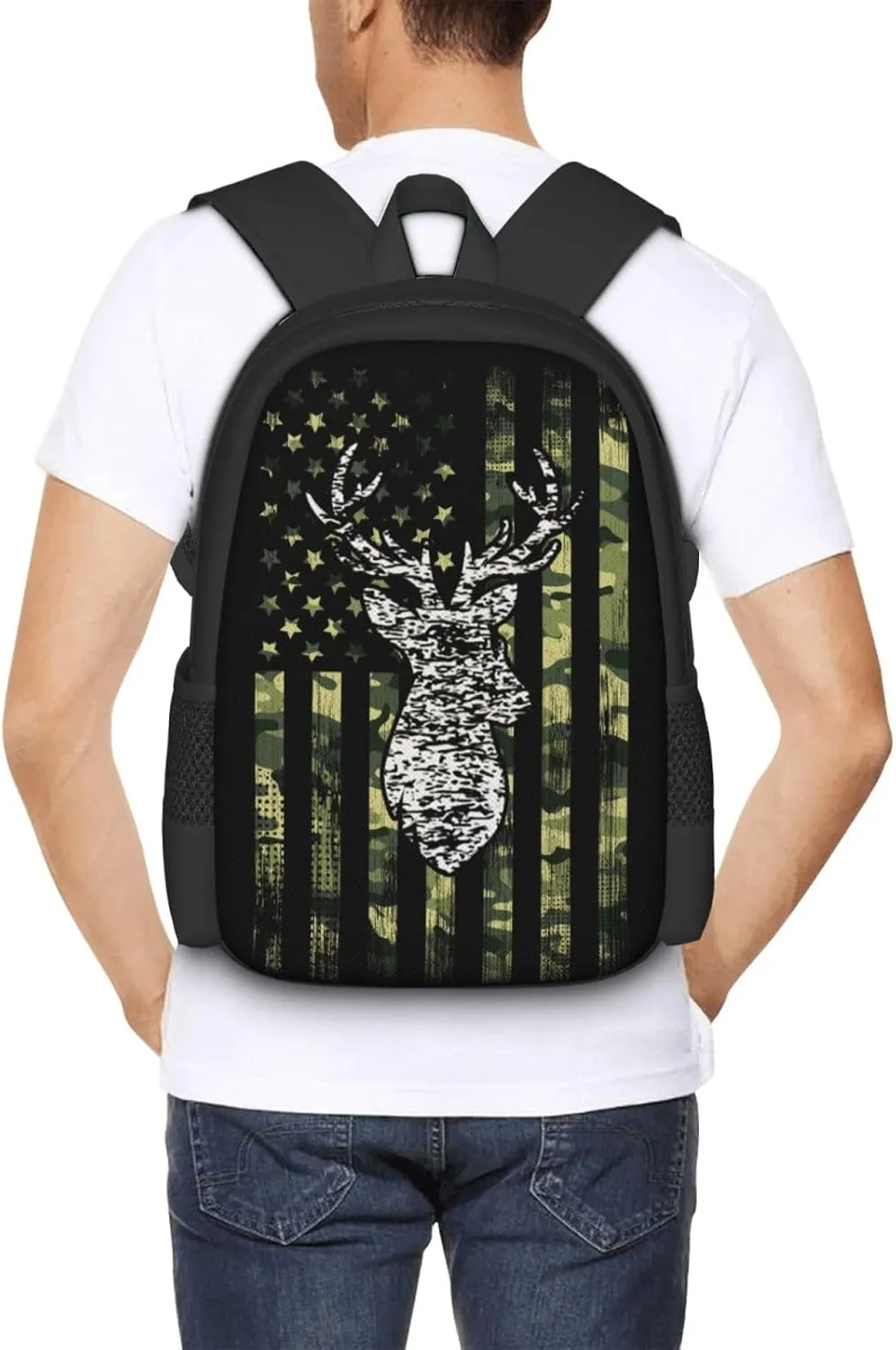 Big Capacity Backpack, for Deer Camo Camouflage American Flag Hunting Black Anti-Theft Multipurpose Bookbag, Casual College Daypack, Camping Outdoor Backpack, Business Computer Bag