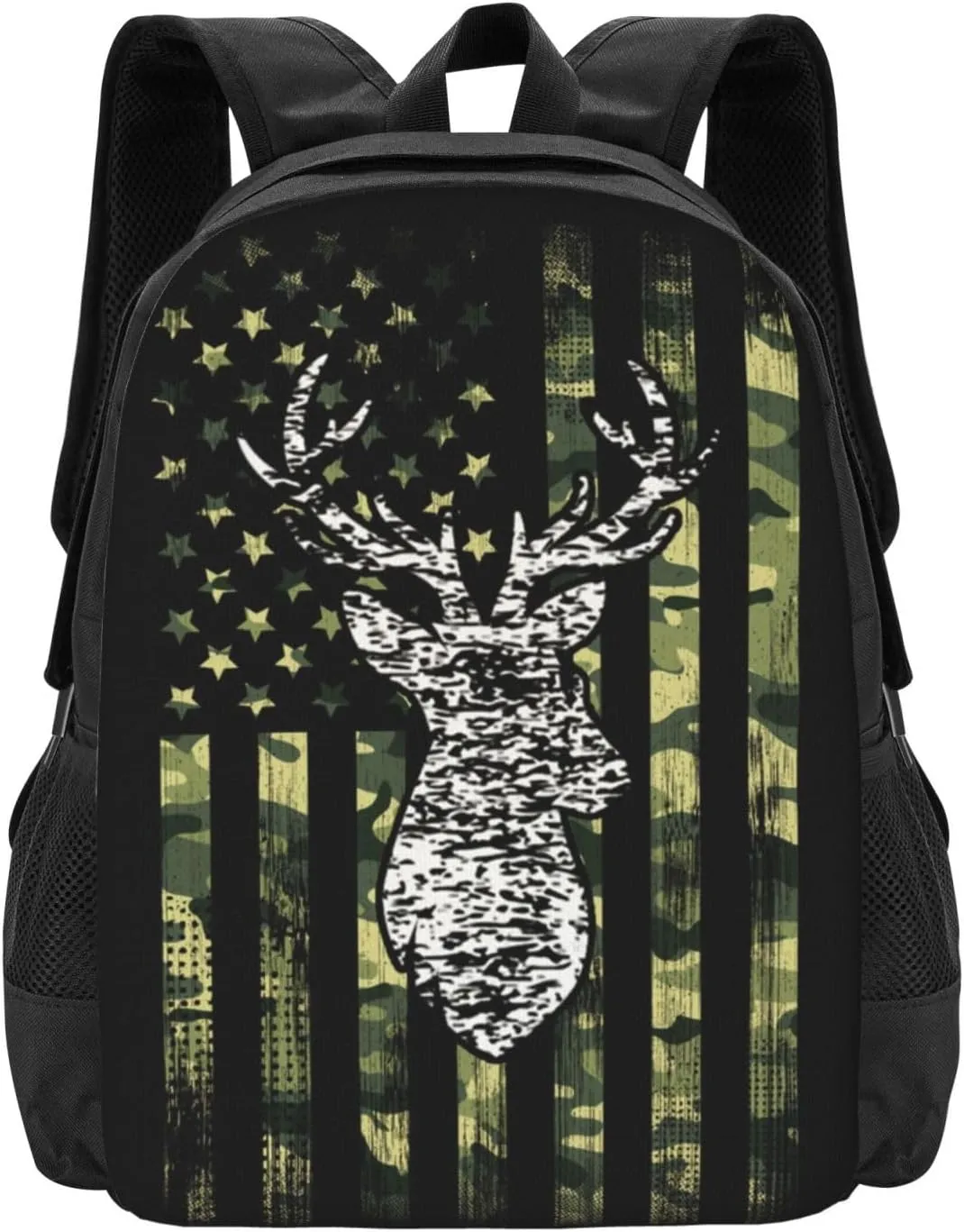 Big Capacity Backpack, for Deer Camo Camouflage American Flag Hunting Black Anti-Theft Multipurpose Bookbag, Casual College Daypack, Camping Outdoor Backpack, Business Computer Bag