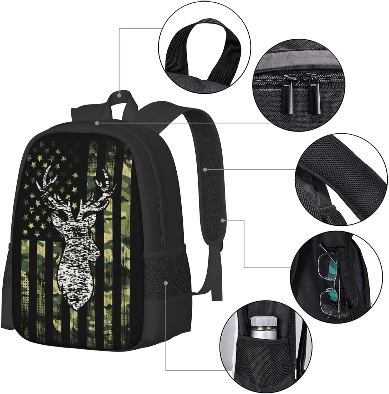 Big Capacity Backpack, for Deer Camo Camouflage American Flag Hunting Black Anti-Theft Multipurpose Bookbag, Casual College Daypack, Camping Outdoor Backpack, Business Computer Bag