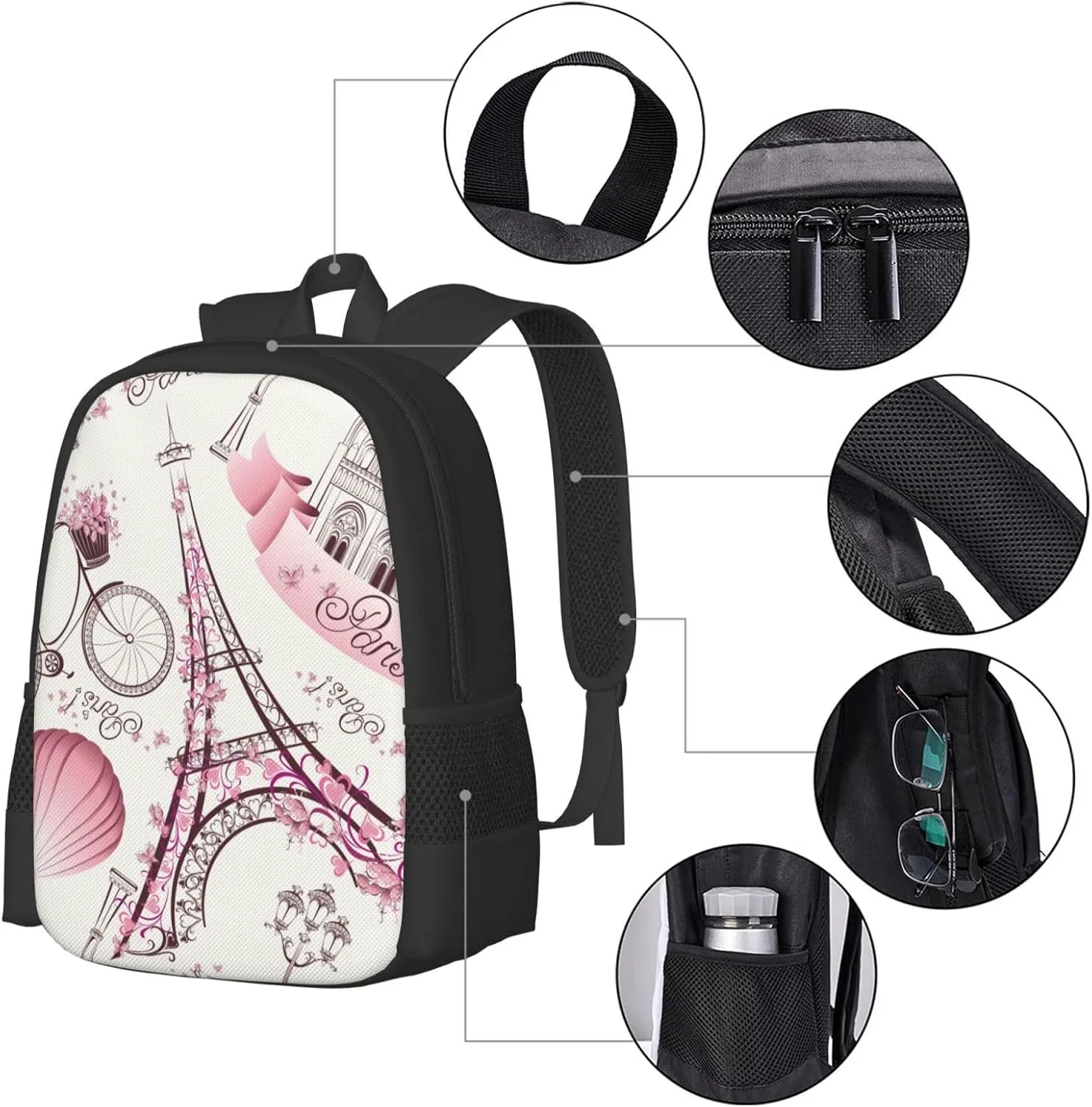 Big Capacity Rucksacks, for Pink Paris Eiffel Tower Anti-Theft Multipurpose Bookbag with Shoulder Straps, Shoulder Book Bags, Travel Hiking Daypack Laptop Backpack