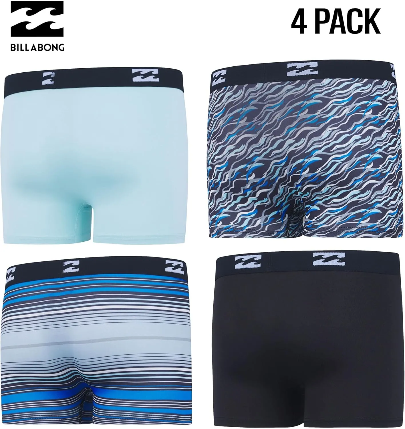 Billabong Boys Underwear 4 Pack Boxer Briefs for Boys 6-18 Durable Stretch Breathable Moisture Wicking