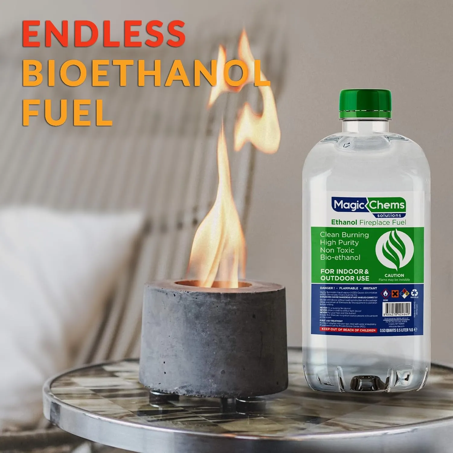 Bioethanol Fuel Tabletop Firepit (1 x 0.5Lt) for Tabletop Fireplaces, Stoves and Burners, Bioethanol Fuel for Fireplaces and Fire Pits (1 Pack 1/2 Quart)