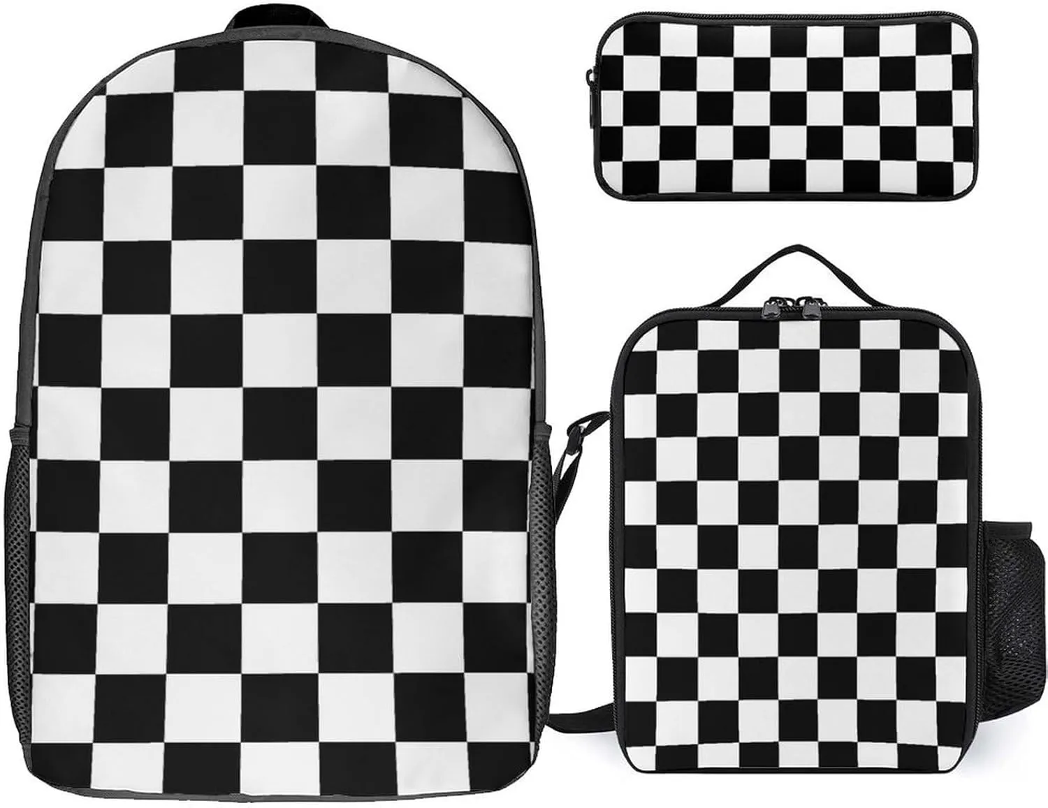 Black And White Checkerboard 3 PCS Backpack Sets 3 in 1 Travel Double Shoulder Bag Daypack Backpack Lunch Bag Make Case Bag 3PCS Set, Style