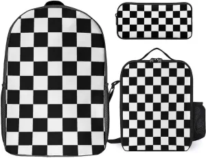 Black And White Checkerboard 3 PCS Backpack Sets 3 in 1 Travel Double Shoulder Bag Daypack Backpack Lunch Bag Make Case Bag 3PCS Set, Style